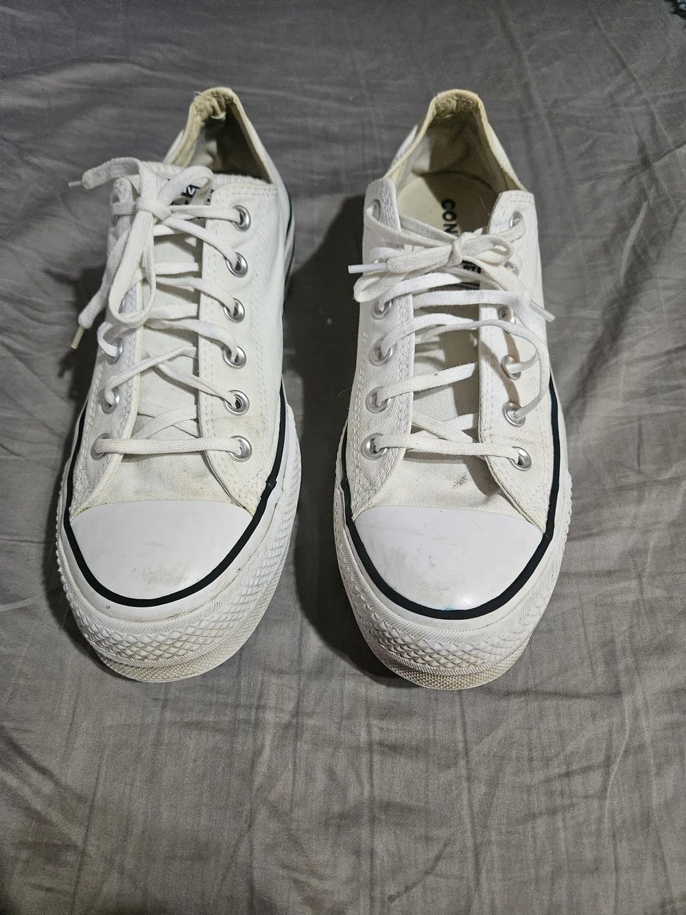 Converse White Platform Canvas Low Top Sneakers with Black Stripe, Size 10 Women